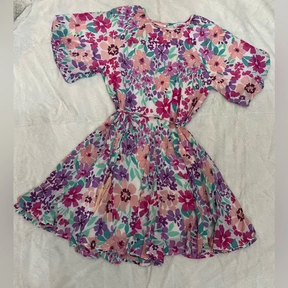 🌸 Fate Floral Puff Sleeve Mini Dress - Tie Waist - 100% Cotton - Spring / Easter - Picture 2 of 7